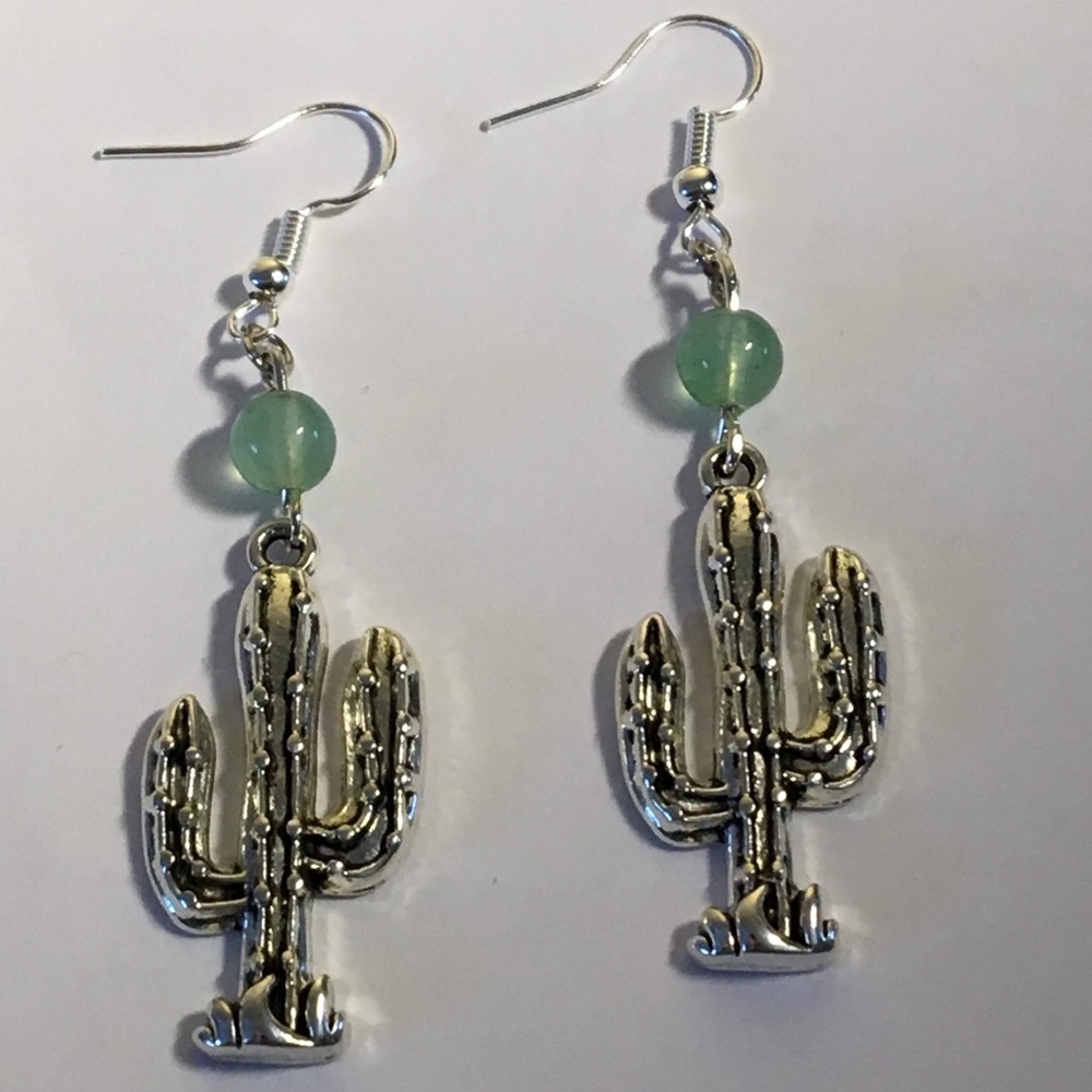 Green Aventurine Silver Cactus Earrings - Picture 7 of 8